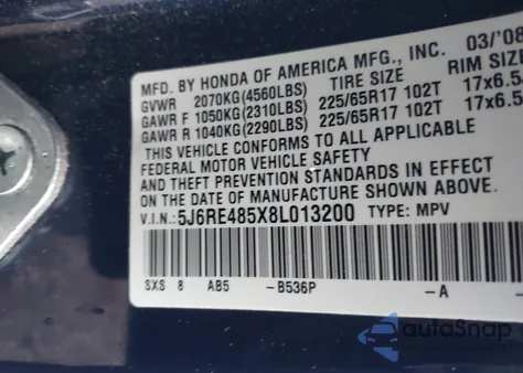 2008 Honda Cr-V Ex из США, поврежденный, VIN 5J6RE485X8L013200